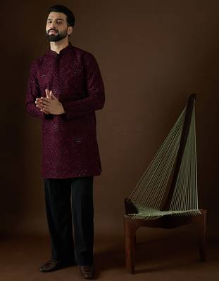 Men’s purple georgette kurta with solid sequins embroidered | trendy ethnic wear for festive, wedding & party occasions 5