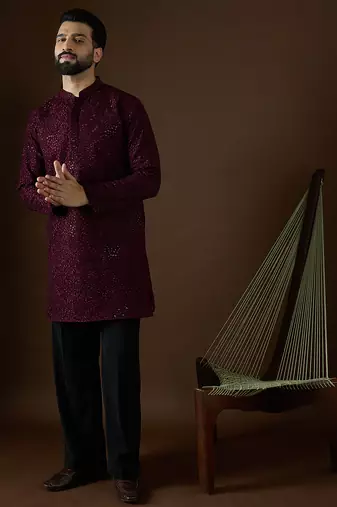 Men’s purple georgette kurta with solid sequins embroidered | trendy ethnic wear for festive, wedding & party occasions