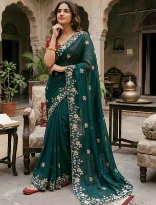 Teal ethnic motifs zari pure georgette saree 1