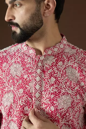 Men’s pink georgette kurta with solid sequins embroidered | trendy ethnic wear for festive, wedding & party occasions