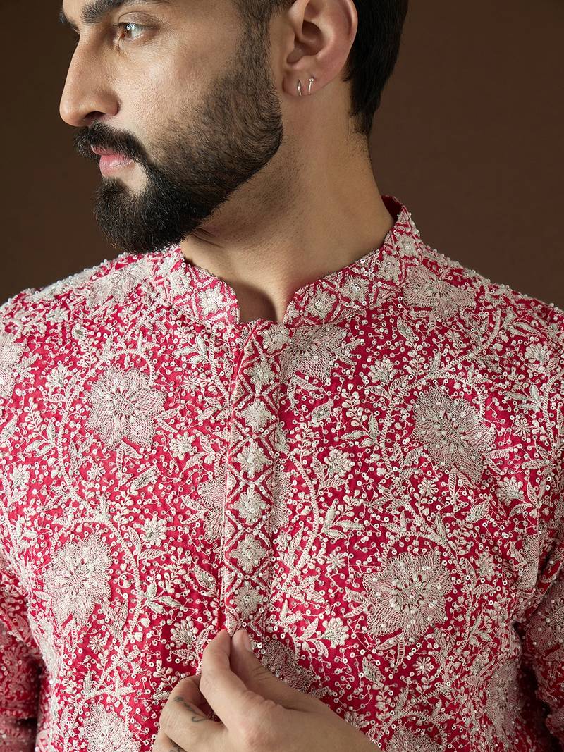 Men’s pink georgette kurta with solid sequins embroidered | trendy ethnic wear for festive, wedding & party occasions
