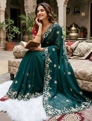 Teal ethnic motifs zari pure georgette saree 2