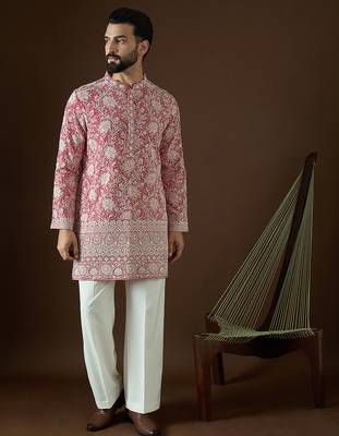Men’s pink georgette kurta with solid sequins embroidered | trendy ethnic wear for festive, wedding & party occasions 3