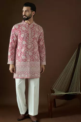 Men’s pink georgette kurta with solid sequins embroidered | trendy ethnic wear for festive, wedding & party occasions