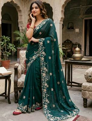 Teal ethnic motifs zari pure georgette saree 3