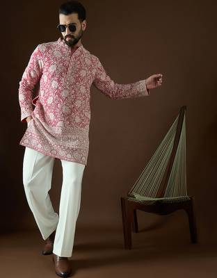 Men’s pink georgette kurta with solid sequins embroidered | trendy ethnic wear for festive, wedding & party occasions 1