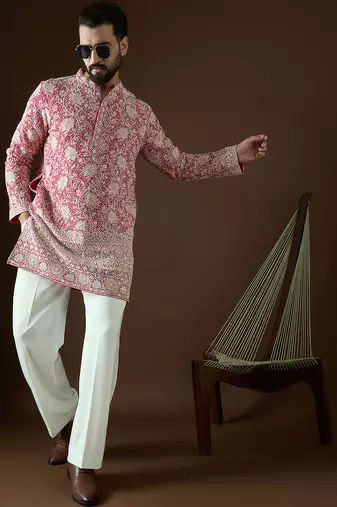 Men’s pink georgette kurta with solid sequins embroidered | trendy ethnic wear for festive, wedding & party occasions