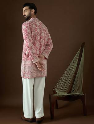 Men’s pink georgette kurta with solid sequins embroidered | trendy ethnic wear for festive, wedding & party occasions 4