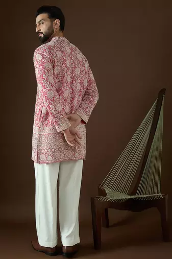 Men’s pink georgette kurta with solid sequins embroidered | trendy ethnic wear for festive, wedding & party occasions
