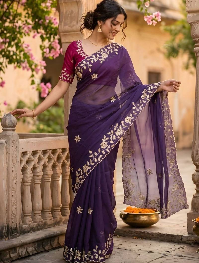 Purple ethnic motifs zari pure georgette saree