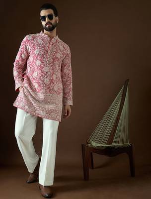 Men’s pink georgette kurta with solid sequins embroidered | trendy ethnic wear for festive, wedding & party occasions 5