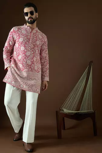 Men’s pink georgette kurta with solid sequins embroidered | trendy ethnic wear for festive, wedding & party occasions