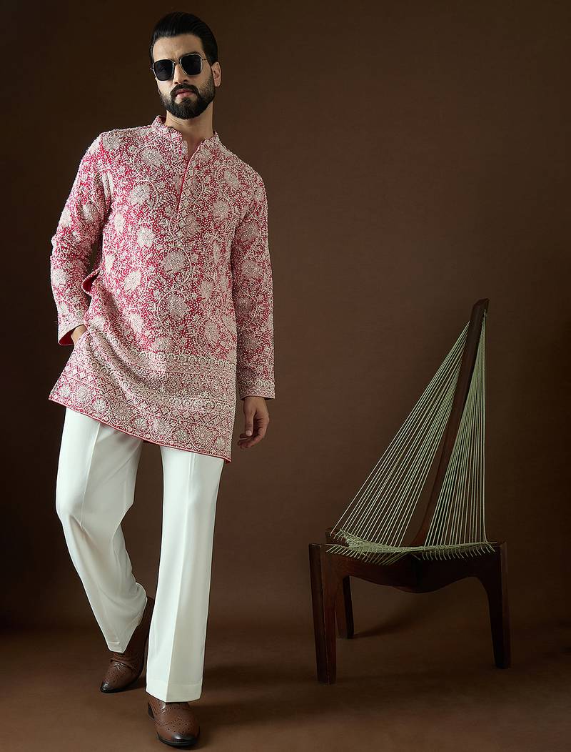Men’s pink georgette kurta with solid sequins embroidered | trendy ethnic wear for festive, wedding & party occasions