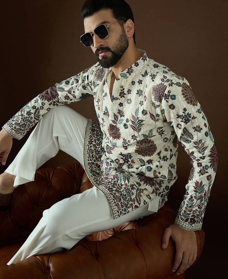 Men’s white georgette kurta with solid sequins embroidered | trendy ethnic wear for festive, wedding & party occasions