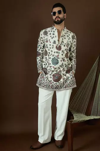 Men’s white georgette kurta with solid sequins embroidered | trendy ethnic wear for festive, wedding & party occasions