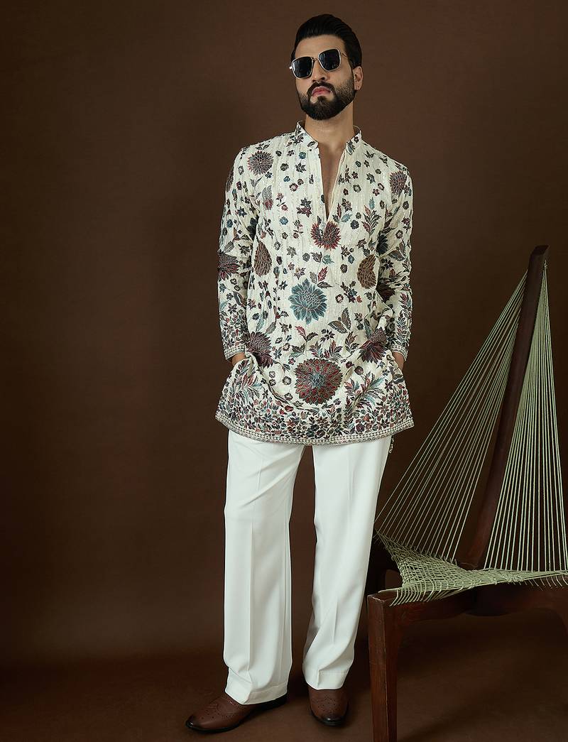 Men’s white georgette kurta with solid sequins embroidered | trendy ethnic wear for festive, wedding & party occasions