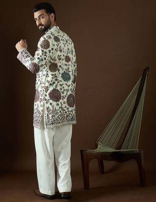 Men’s white georgette kurta with solid sequins embroidered | trendy ethnic wear for festive, wedding & party occasions 4