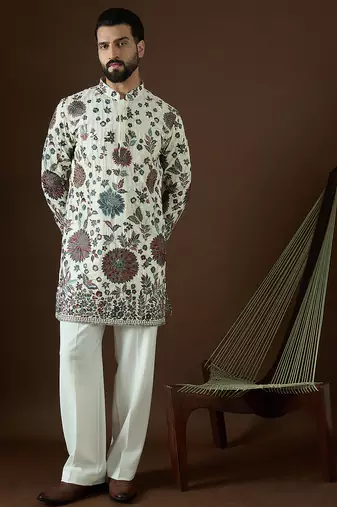 Men’s white georgette kurta with solid sequins embroidered | trendy ethnic wear for festive, wedding & party occasions