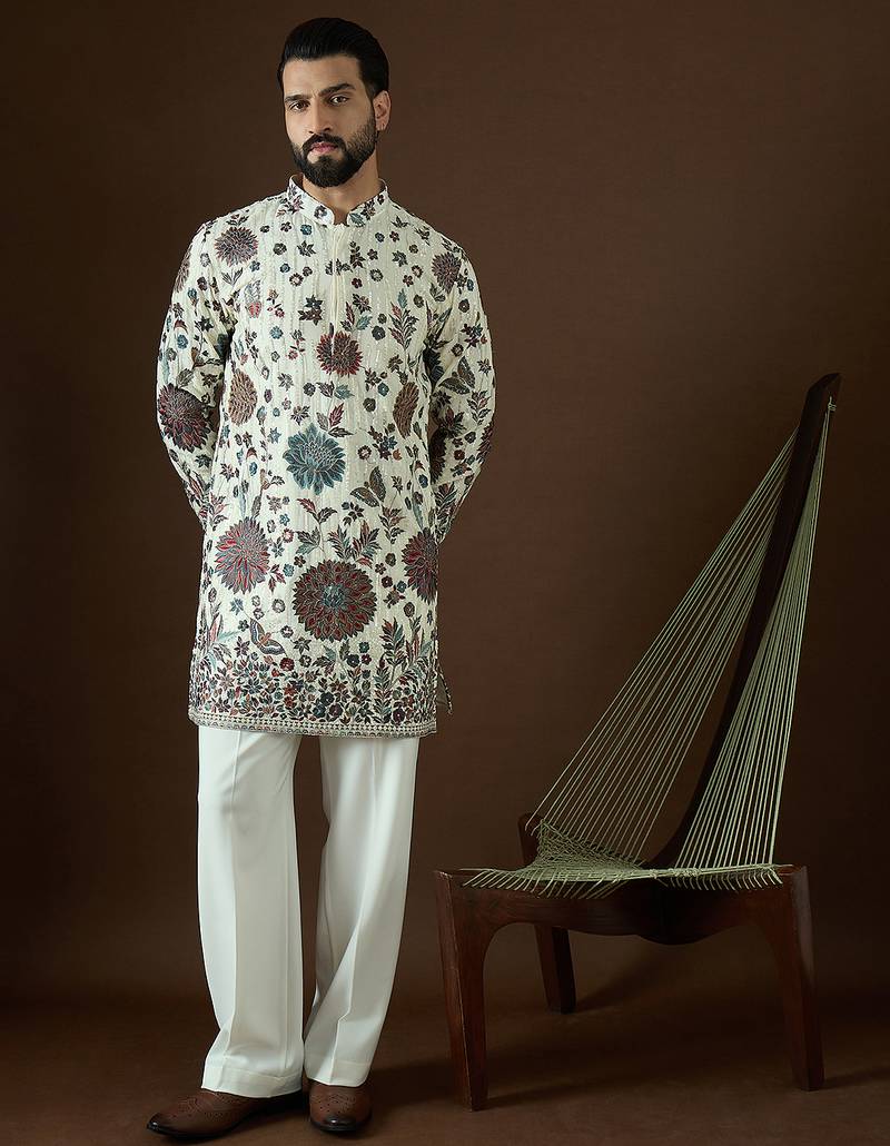 Men’s white georgette kurta with solid sequins embroidered | trendy ethnic wear for festive, wedding & party occasions