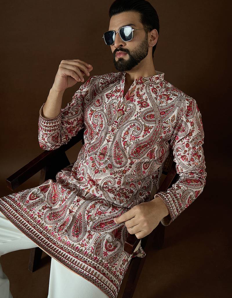Men’s off white georgette kurta with solid sequins embroidered | trendy ethnic wear for festive, wedding & party