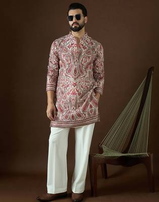 Men’s off white georgette kurta with solid sequins embroidered | trendy ethnic wear for festive, wedding & party 1