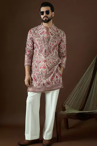 Men’s off white georgette kurta with solid sequins embroidered | trendy ethnic wear for festive, wedding & party