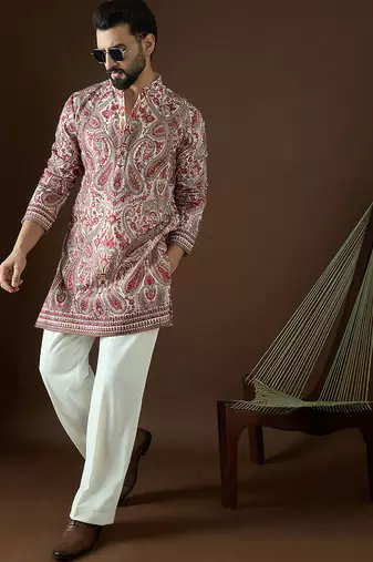 Men’s off white georgette kurta with solid sequins embroidered | trendy ethnic wear for festive, wedding & party