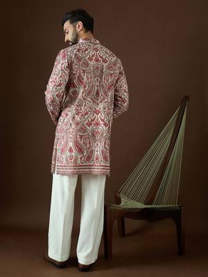 Men’s off white georgette kurta with solid sequins embroidered | trendy ethnic wear for festive, wedding & party 4