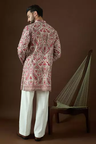 Men’s off white georgette kurta with solid sequins embroidered | trendy ethnic wear for festive, wedding & party