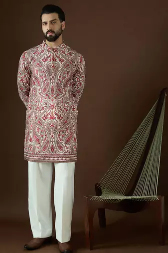 Men’s off white georgette kurta with solid sequins embroidered | trendy ethnic wear for festive, wedding & party