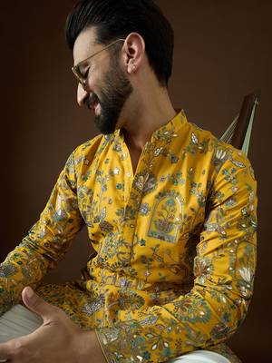 Men’s yellow georgette kurta with solid sequins embroidered | trendy ethnic wear for festive, wedding & party occasions 1