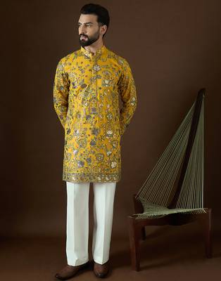 Men’s yellow georgette kurta with solid sequins embroidered | trendy ethnic wear for festive, wedding & party occasions 2