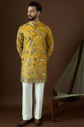 Men’s yellow georgette kurta with solid sequins embroidered | trendy ethnic wear for festive, wedding & party occasions
