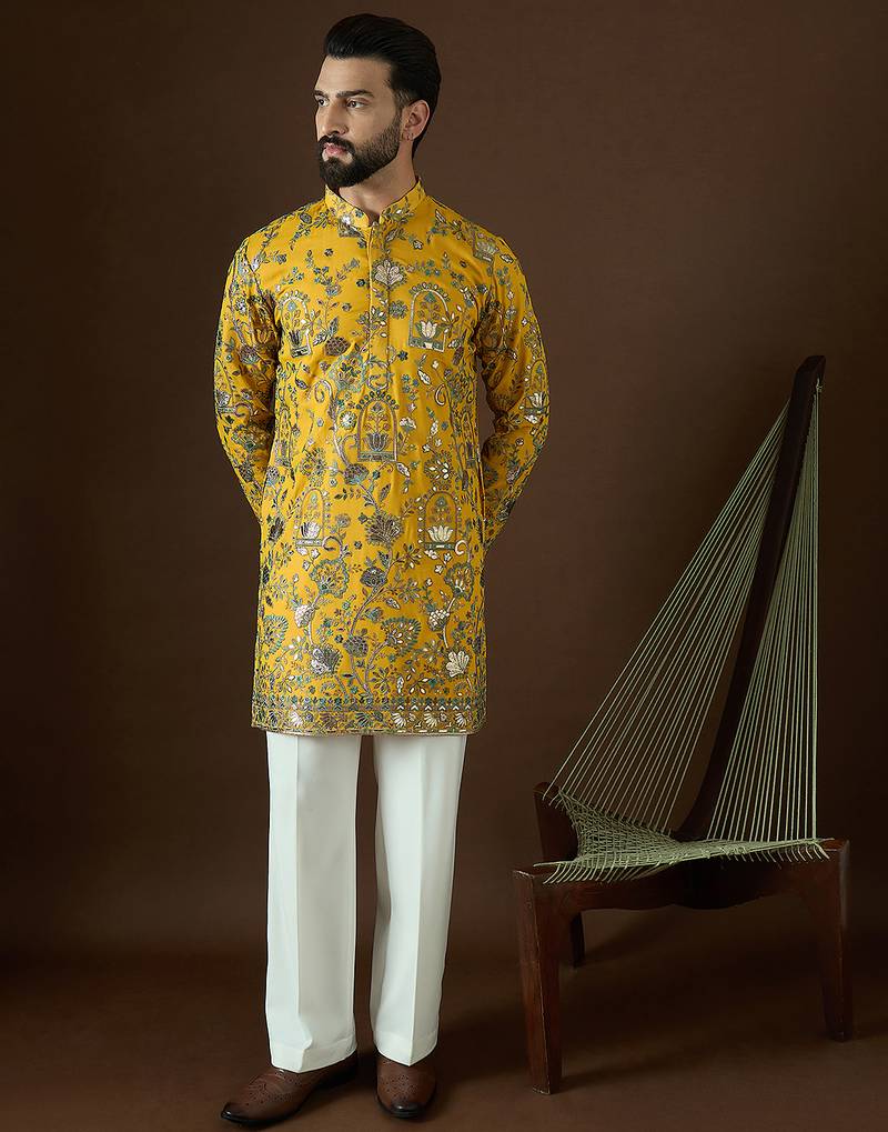 Men’s yellow georgette kurta with solid sequins embroidered | trendy ethnic wear for festive, wedding & party occasions