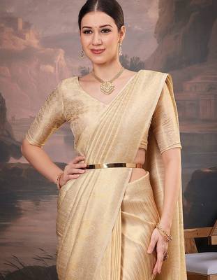 Cream ethnic motifs zari silk blend kanjeevaram saree 1