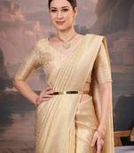 Cream ethnic motifs zari silk blend kanjeevaram saree