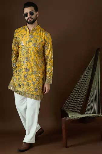 Men’s yellow georgette kurta with solid sequins embroidered | trendy ethnic wear for festive, wedding & party occasions