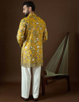 Men’s yellow georgette kurta with solid sequins embroidered | trendy ethnic wear for festive, wedding & party occasions 4