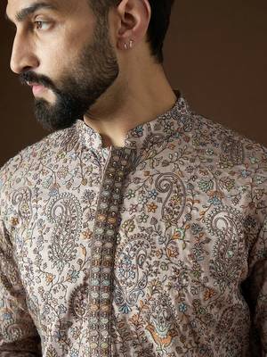 Men’s beige polyester kurta with solid sequins embroidered | trendy ethnic wear for festive, wedding & party occasions 2