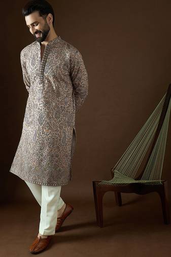Men’s beige polyester kurta with solid sequins embroidered | trendy ethnic wear for festive, wedding & party occasions