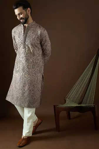 Men’s beige polyester kurta with solid sequins embroidered | trendy ethnic wear for festive, wedding & party occasions