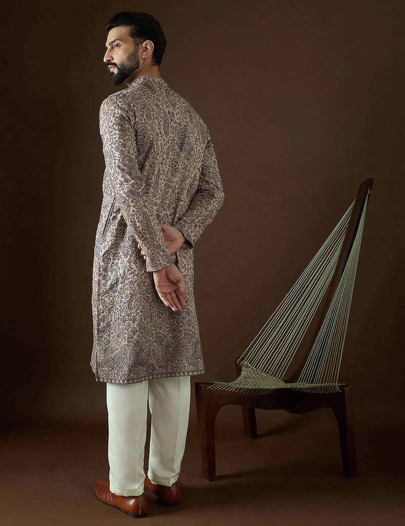 Men’s beige polyester kurta with solid sequins embroidered | trendy ethnic wear for festive, wedding & party occasions