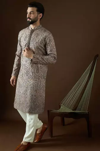 Men’s beige polyester kurta with solid sequins embroidered | trendy ethnic wear for festive, wedding & party occasions