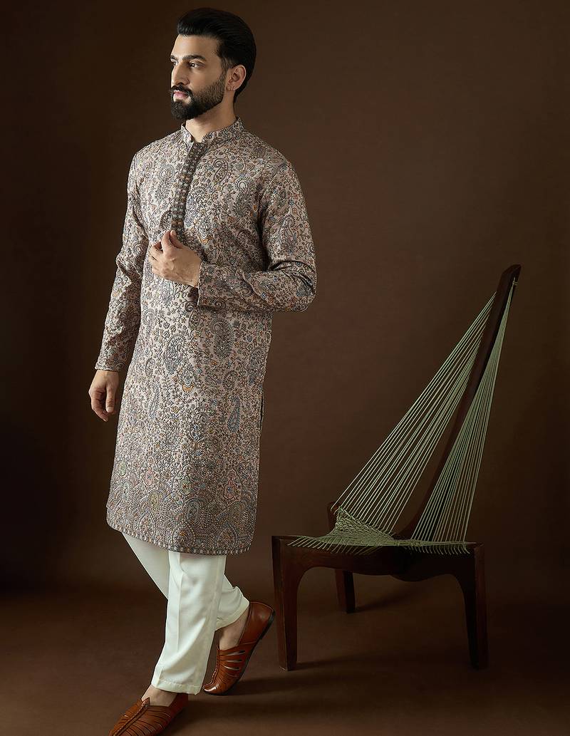 Men’s beige polyester kurta with solid sequins embroidered | trendy ethnic wear for festive, wedding & party occasions