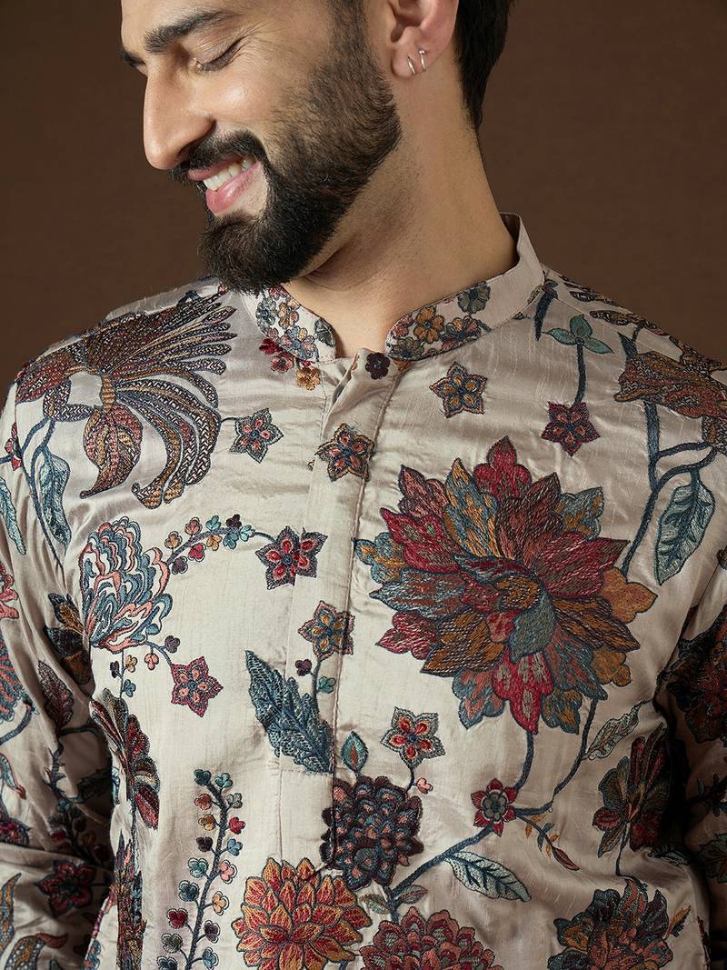 Men’s beige polyester kurta with solid sequins embroidered | trendy ethnic wear for festive, wedding & party occasions