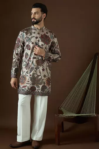 Men’s beige polyester kurta with solid sequins embroidered | trendy ethnic wear for festive, wedding & party occasions