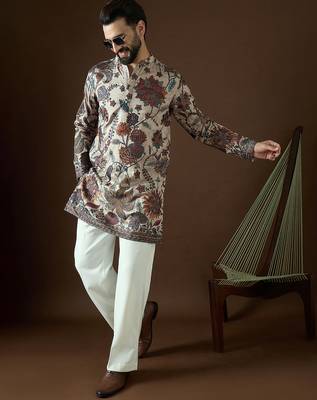 Men’s beige polyester kurta with solid sequins embroidered | trendy ethnic wear for festive, wedding & party occasions 1