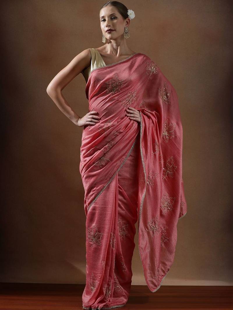 Peach embroidered sarees