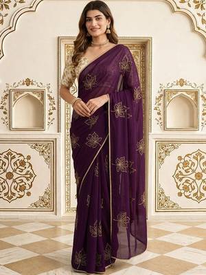 Purple embellished embroidered jute silk saree 1