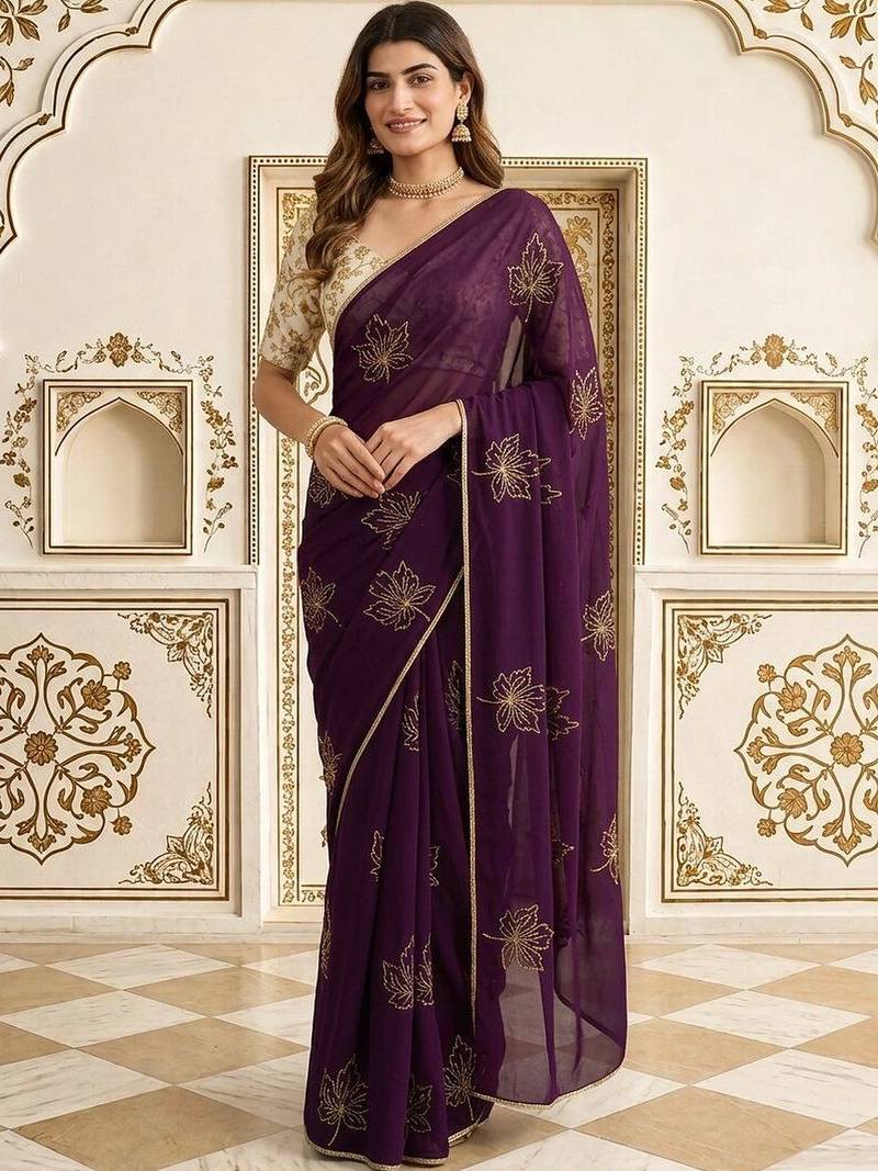 Purple embellished embroidered jute silk saree